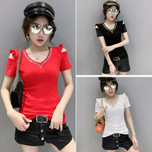 Load image into Gallery viewer, New 2021 Summer Women&#39;s tshirt Fashion Casual Short Sleeve Hollow Flower Strapless Hot Drilling Tops And Shirt Blusas