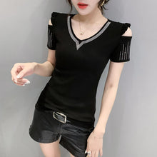 Load image into Gallery viewer, New 2021 Summer Women&#39;s tshirt Fashion Casual Short Sleeve Hollow Flower Strapless Hot Drilling Tops And Shirt Blusas