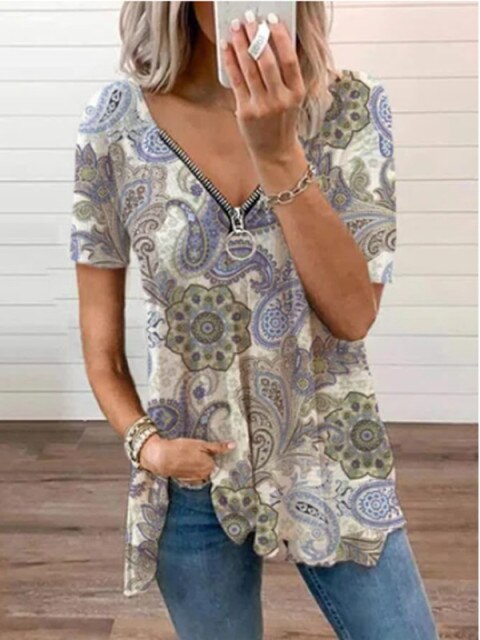 New 2021 Women Summer Blouse Zipper V-neck Print Short Sleeve Shirt Casual Fashion Blouses Loose Shirts Office Beach Tops Plus