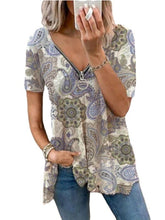 Load image into Gallery viewer, New 2021 Women Summer Blouse Zipper V-neck Print Short Sleeve Shirt Casual Fashion Blouses Loose Shirts Office Beach Tops Plus