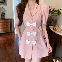 Load image into Gallery viewer, New 2021 Women&#39;s Summer Fashion Sweet Bowknot Mini Dress Sexy Hollow  Waist Single-Breasted Casual Slim A-Line Dress Female