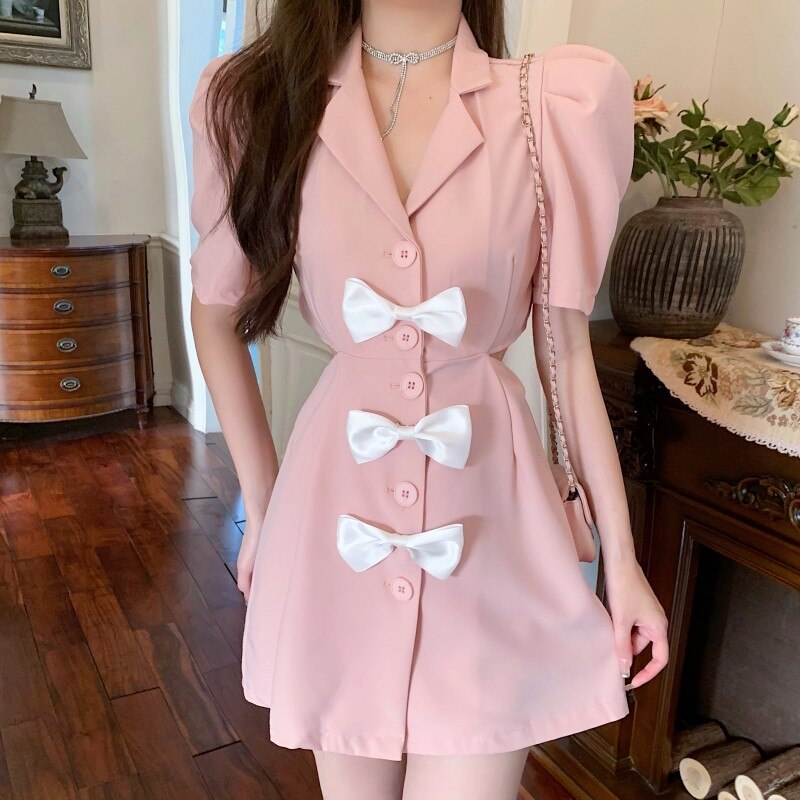 New 2021 Women's Summer Fashion Sweet Bowknot Mini Dress Sexy Hollow  Waist Single-Breasted Casual Slim A-Line Dress Female