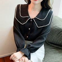 Load image into Gallery viewer, New 2022 Spring Women Blouse Fashion Casual Long Sleeved Peter Pan Collar Black Tops Elegant Slim Office Lady Shirt