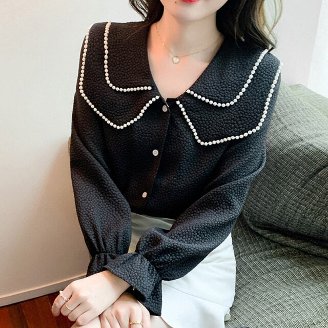 New 2022 Spring Women Blouse Fashion Casual Long Sleeved Peter Pan Collar Black Tops Elegant Slim Office Lady Shirt