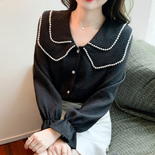 Load image into Gallery viewer, New 2022 Spring Women Blouse Fashion Casual Long Sleeved Peter Pan Collar Black Tops Elegant Slim Office Lady Shirt