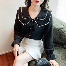 Load image into Gallery viewer, New 2022 Spring Women Blouse Fashion Casual Long Sleeved Peter Pan Collar Black Tops Elegant Slim Office Lady Shirt