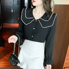 Load image into Gallery viewer, New 2022 Spring Women Blouse Fashion Casual Long Sleeved Peter Pan Collar Black Tops Elegant Slim Office Lady Shirt