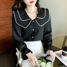 Load image into Gallery viewer, New 2022 Spring Women Blouse Fashion Casual Long Sleeved Peter Pan Collar Black Tops Elegant Slim Office Lady Shirt