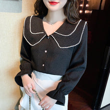 Load image into Gallery viewer, New 2022 Spring Women Blouse Fashion Casual Long Sleeved Peter Pan Collar Black Tops Elegant Slim Office Lady Shirt