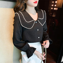 Load image into Gallery viewer, New 2022 Spring Women Blouse Fashion Casual Long Sleeved Peter Pan Collar Black Tops Elegant Slim Office Lady Shirt