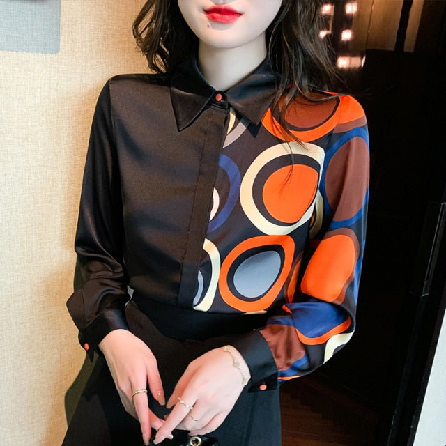 New 2022 Spring Women Blouses Shirt Fashion Casual Black High-End Ladies Printed Long-Sleeved Chiffon Shirt