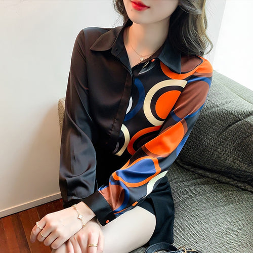 New 2022 Spring Women Blouses Shirt Fashion Casual Black High-End Ladies Printed Long-Sleeved Chiffon Shirt