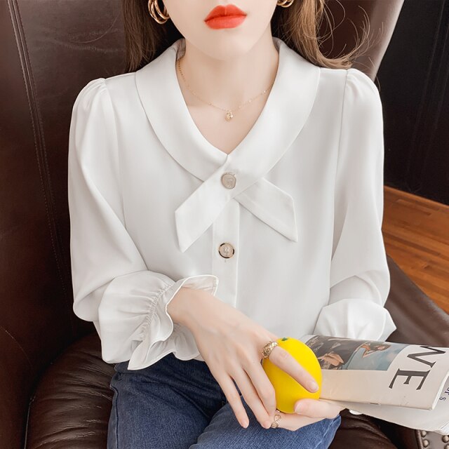 New 2022 Spring Women Chiffon Shirt Fashion Casual Long Sleeved Solid Color White Blouses Elegant Slim Office Lady Tops