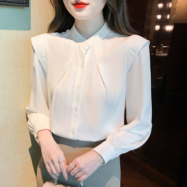 New 2022 Spring Women Chiffon Shirt Fashion Long Sleeved Stand Collar Solid Color Blouses Elegant Slim Office Lady Tops