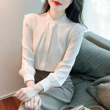 Load image into Gallery viewer, New 2022 Spring Women Chiffon Shirt Fashion Long Sleeved Stand Collar Solid Color Blouses Elegant Slim Office Lady Tops