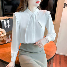 Load image into Gallery viewer, New 2022 Spring Women Chiffon Shirt Fashion Long Sleeved Stand Collar Solid Color Blouses Elegant Slim Office Lady Tops