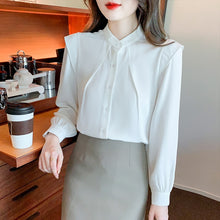 Load image into Gallery viewer, New 2022 Spring Women Chiffon Shirt Fashion Long Sleeved Stand Collar Solid Color Blouses Elegant Slim Office Lady Tops