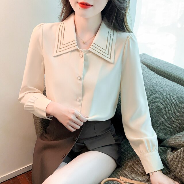 New 2022 Spring Women Chiffon Shirt Fashion Long Sleeved Turn Down Collar Solid Color Blouse Office Lady Tops