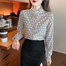 Load image into Gallery viewer, New 2022 Spring Women Chiffon Shirt Fashion Printed Long Sleeved Stand Collar Ruffles Blouses Office Lady Tops