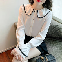 Load image into Gallery viewer, New 2022 Spring Women Clothing Fashion Casual Long Sleeved Doll Collar Chiffon Shirt Office Lady White Blousas