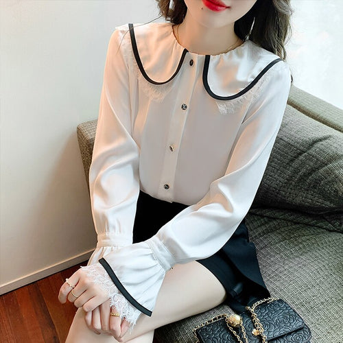 New 2022 Spring Women Clothing Fashion Casual Long Sleeved Doll Collar Chiffon Shirt Office Lady White Blousas