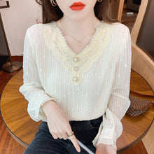 Load image into Gallery viewer, New 2022 Spring Women&#39;s Chiffon Shirt Fashion Casual Long Sleeved V-Neck Lace Tops Elegant Slim Office Lady Blouses