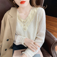 Load image into Gallery viewer, New 2022 Spring Women&#39;s Chiffon Shirt Fashion Casual Long Sleeved V-Neck Lace Tops Elegant Slim Office Lady Blouses