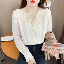 Load image into Gallery viewer, New 2022 Spring Women&#39;s Chiffon Shirt Fashion Casual Long Sleeved V-Neck Lace Tops Elegant Slim Office Lady Blouses