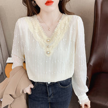 Load image into Gallery viewer, New 2022 Spring Women&#39;s Chiffon Shirt Fashion Casual Long Sleeved V-Neck Lace Tops Elegant Slim Office Lady Blouses