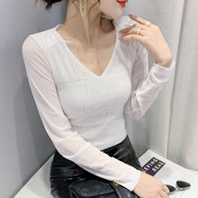Load image into Gallery viewer, New 2022 Spring Women&#39;s T-Shirt Fashion Casual Long Sleeved Sequined V-neck Mesh Tops Plus Size Female Blusas