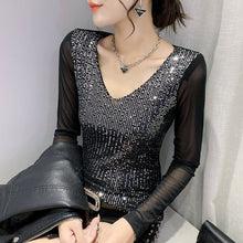 Load image into Gallery viewer, New 2022 Spring Women&#39;s T-Shirt Fashion Casual Long Sleeved Sequined V-neck Mesh Tops Plus Size Female Blusas