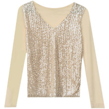 Load image into Gallery viewer, New 2022 Spring Women&#39;s T-Shirt Fashion Casual Long Sleeved Sequined V-neck Mesh Tops Plus Size Female Blusas