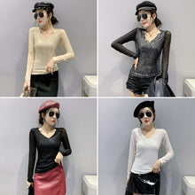 Load image into Gallery viewer, New 2022 Spring Women&#39;s T-Shirt Fashion Casual Long Sleeved Sequined V-neck Mesh Tops Plus Size Female Blusas