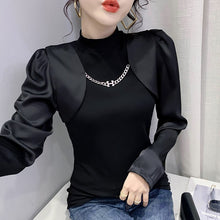 Load image into Gallery viewer, New 2022 Spring Women&#39;s T-Shirt Fashion Casual Long Sleeved Turtleneck Ruffles Shirt Elegant Slim Black Ladys Tops Blusas