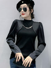 Load image into Gallery viewer, New 2022 Spring Women&#39;s T-Shirt Fashion Casual Long Sleeved Turtleneck Ruffles Shirt Elegant Slim Black Ladys Tops Blusas