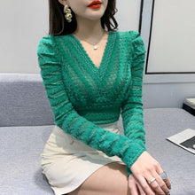 Load image into Gallery viewer, New 2022 Spring Women&#39;s T-Shirt Fashion Sexy V-neck Long Sleeved Brushed Lace Bottoming Shirt Elegant Slim Hollow Out Tops