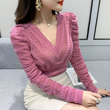 Load image into Gallery viewer, New 2022 Spring Women&#39;s T-Shirt Fashion Sexy V-neck Long Sleeved Brushed Lace Bottoming Shirt Elegant Slim Hollow Out Tops