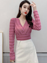 Load image into Gallery viewer, New 2022 Spring Women&#39;s T-Shirt Fashion Sexy V-neck Long Sleeved Brushed Lace Bottoming Shirt Elegant Slim Hollow Out Tops