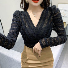Load image into Gallery viewer, New 2022 Spring Women&#39;s T-Shirt Fashion Sexy V-neck Long Sleeved Brushed Lace Bottoming Shirt Elegant Slim Hollow Out Tops