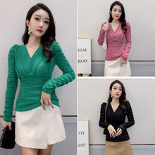 Load image into Gallery viewer, New 2022 Spring Women&#39;s T-Shirt Fashion Sexy V-neck Long Sleeved Brushed Lace Bottoming Shirt Elegant Slim Hollow Out Tops