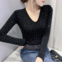 Load image into Gallery viewer, New 2022 Spring Women&#39;s T-Shirt Long Sleeved V-Neck Hot Drilling Mesh Tops Elegant Slim M-3XL Plus Size Women Clothing