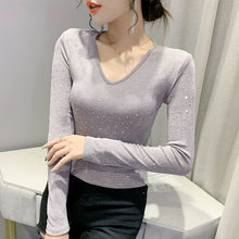 Load image into Gallery viewer, New 2022 Spring Women&#39;s T-Shirt Long Sleeved V-Neck Hot Drilling Mesh Tops Elegant Slim M-3XL Plus Size Women Clothing