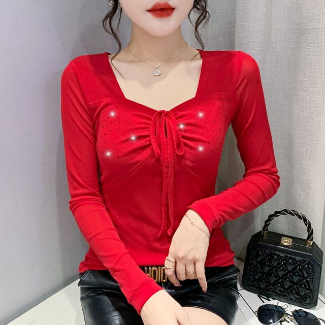 New Spring Women's T-Shirt Sexy Lace-up Long-Sleeved Mesh Tops  Elegant Slim Solid Color Diamonds Female Clothing