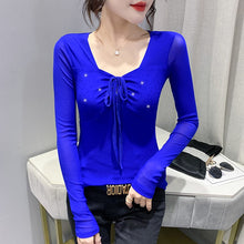 Load image into Gallery viewer, New Spring Women&#39;s T-Shirt Sexy Lace-up Long-Sleeved Mesh Tops  Elegant Slim Solid Color Diamonds Female Clothing