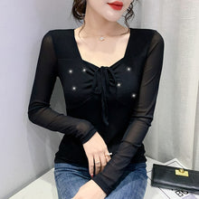 Load image into Gallery viewer, New Spring Women&#39;s T-Shirt Sexy Lace-up Long-Sleeved Mesh Tops  Elegant Slim Solid Color Diamonds Female Clothing