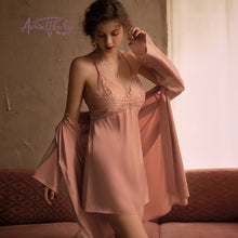 Load image into Gallery viewer, New 3Pcs Pajamas Sets for Women Lace Up Nightdress Bathrobe Sexy Silk Bath Gown Sleepwear Wedding Night Dress Robe with Belt