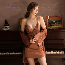 Load image into Gallery viewer, New 3Pcs Pajamas Sets for Women Lace Up Nightdress Bathrobe Sexy Silk Bath Gown Sleepwear Wedding Night Dress Robe with Belt