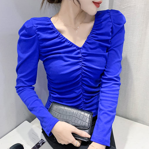 New Arrival 2022 Spring Women's Tops Fashion Casual Long Sleeved Solid Color Pleated Bottoming Shirt M-3XL Plus Size T-Shirt