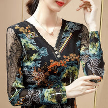 Load image into Gallery viewer, New Arrivals 2021 Autumn Long Sleeve Women&amp;#39;s T-Shirt Fashion Sexy V-Neck Mesh Tops Plus Size M-4XL Print Women Clothing