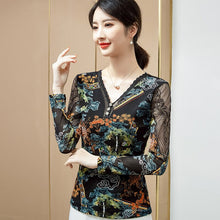 Load image into Gallery viewer, New Arrivals 2021 Autumn Long Sleeve Women&amp;#39;s T-Shirt Fashion Sexy V-Neck Mesh Tops Plus Size M-4XL Print Women Clothing
